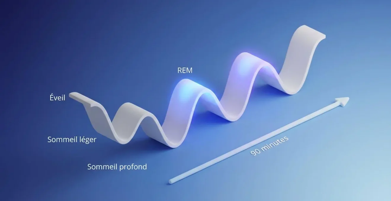 Illustration 3D isométrique d'un cycle de sommeil montrant les différentes phases avec mise en évidence du sommeil paradoxal en bleu lumineux